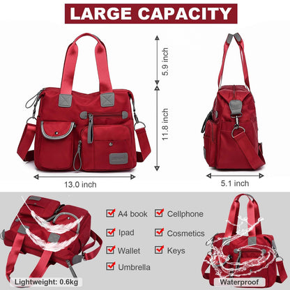 Tote Bag for Women,Multi Pockets Shoulder Handbag,Nurse Bag for Work,Large Cross body Purse,Fashion Nylon Top Handle Satchel