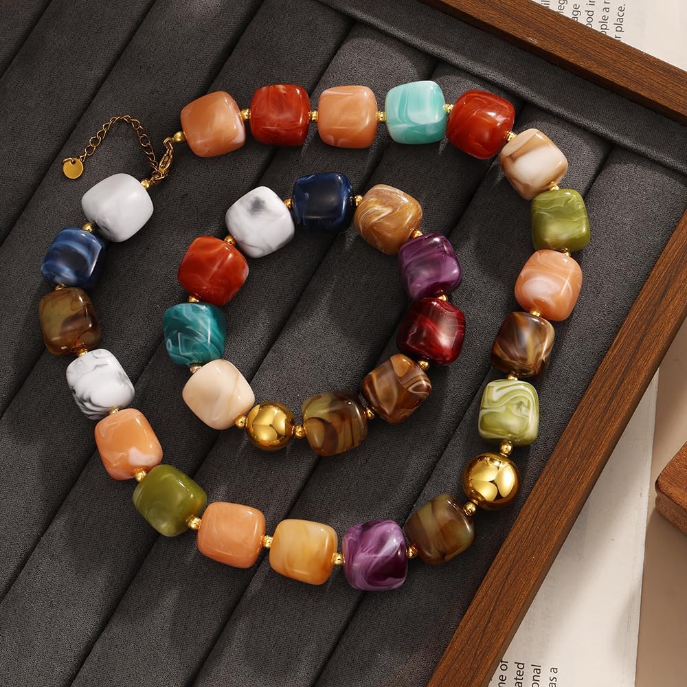 KISS WIFE Colorful Necklace and Bracelet Set for Women, Summer Beach Jewelry, Chunky Resin Square Beaded Choker Necklace, Stretch Acrylic Cube Bead Bracelet, Trendy Dopamine Dressing Jewelry Set