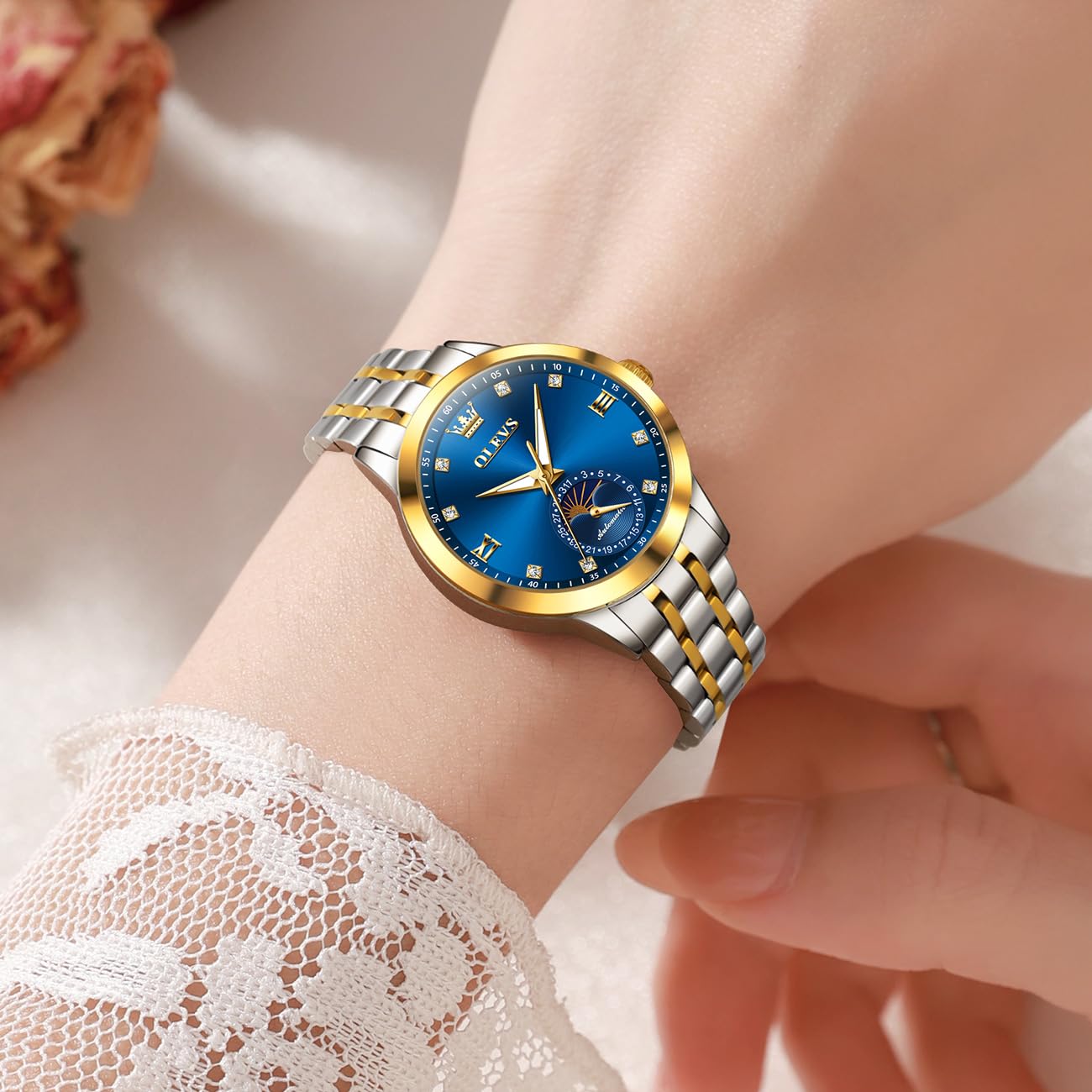 OLEVS Womens Automatic Watches Gold Classic Diamond Ladies Self Winding Mechanical Two Tone Stainless Steel Wrist Watch Date