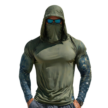 Sun Protection Shirts for Men UPF 100+ Long Sleeve Hoodie with Mask Shirts | Camouflage Outdoor Fishing Tees Cooling Raglan Shirts