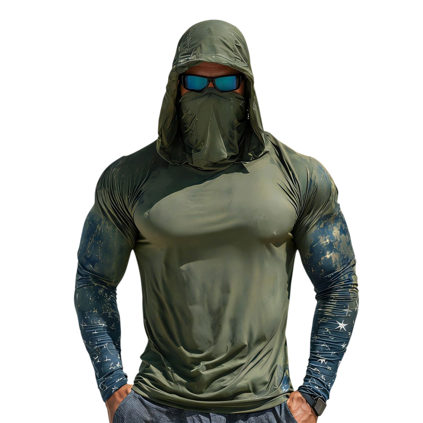 Sun Protection Shirts for Men UPF 100+ Long Sleeve Hoodie with Mask Shirts | Camouflage Outdoor Fishing Tees Cooling Raglan Shirts