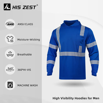 High Visibility Hoodies for Men,Safety Reflective Long Sleeve ANSI Class 3 Hi Vis Construction Work Shirts with Hood
