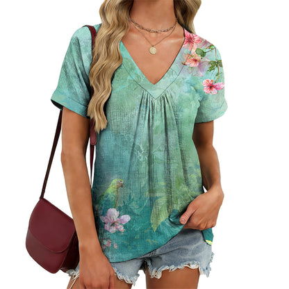 domirica Japanese Print Blouse Women V Neck Short Sleeve Lightweight Breathable Summer Casual Soft Comfy Tops 2026