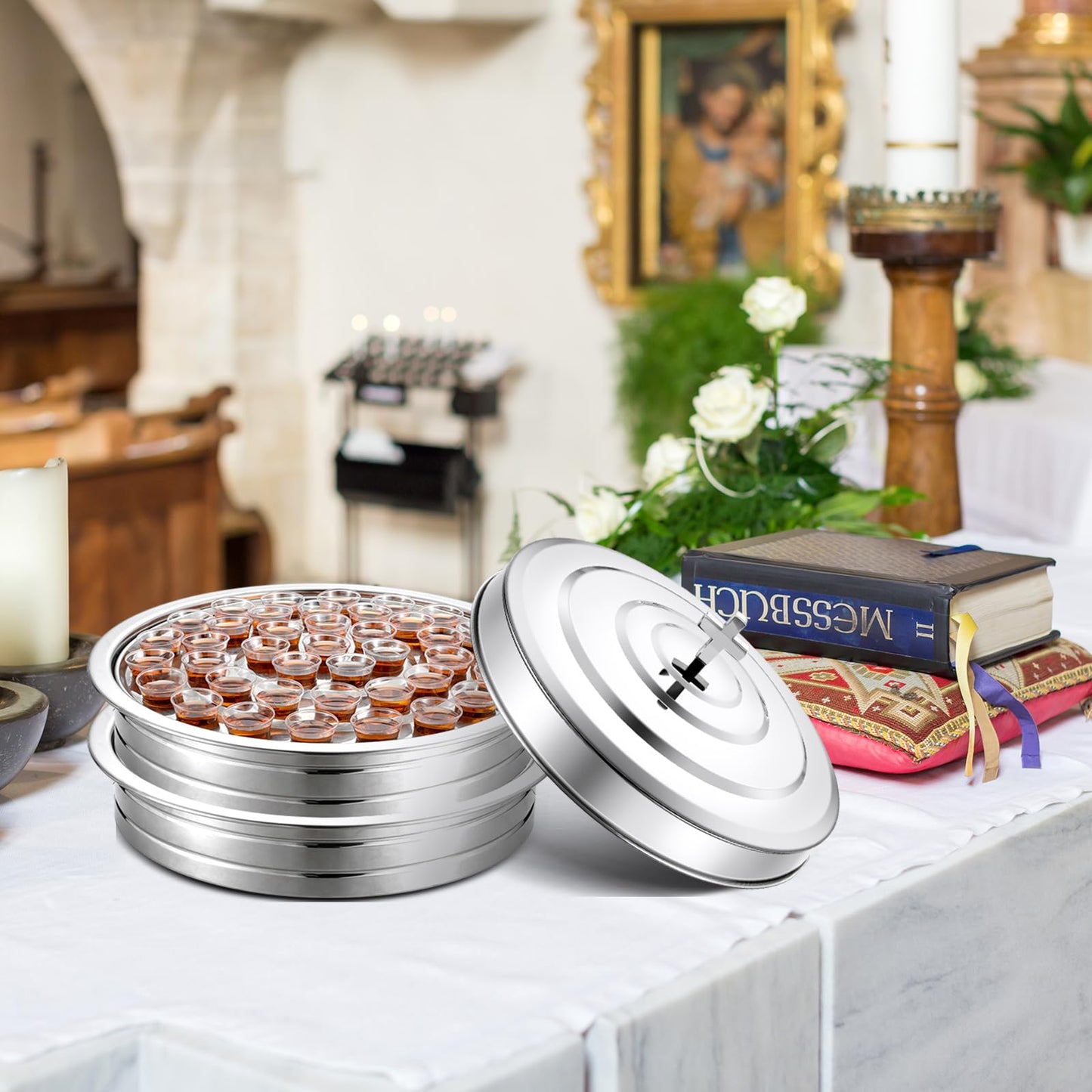 Jingmore Communion 2 Trays with Lid Christmas Holy Wine Serving Trays House up 80 Cups Stacking Stainless Steel Churches Ware Wine Bread Christmas Party Supplies (Gold)