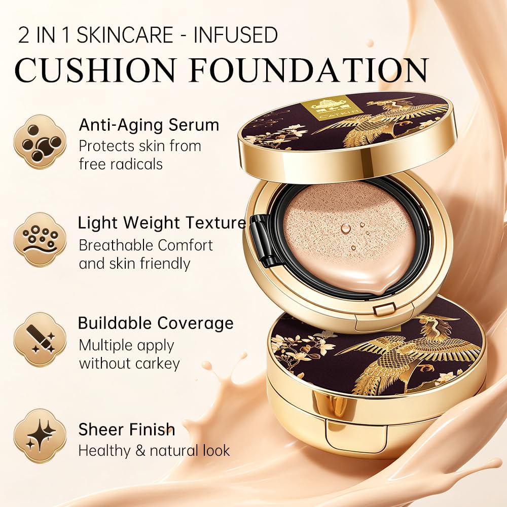 Catkin Phoenix Cushion Foundation Buildable Coverage Anti-Aging Serum Makeup, Sheer Satin Finish, Refill Included, Light Beige 0.46 Oz x 2, C02 IVORY