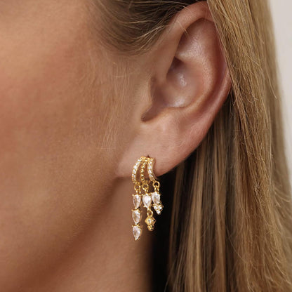 Gold Dangle Earrings for Women,Dainty 14K Gold Plated Triple Huggie Hoop Earrings Cute Statement Drop Earrings for Women Trendy Hypoallergenic CZ Gold Earrings Non Tarnish Wedding Prom Jewelry