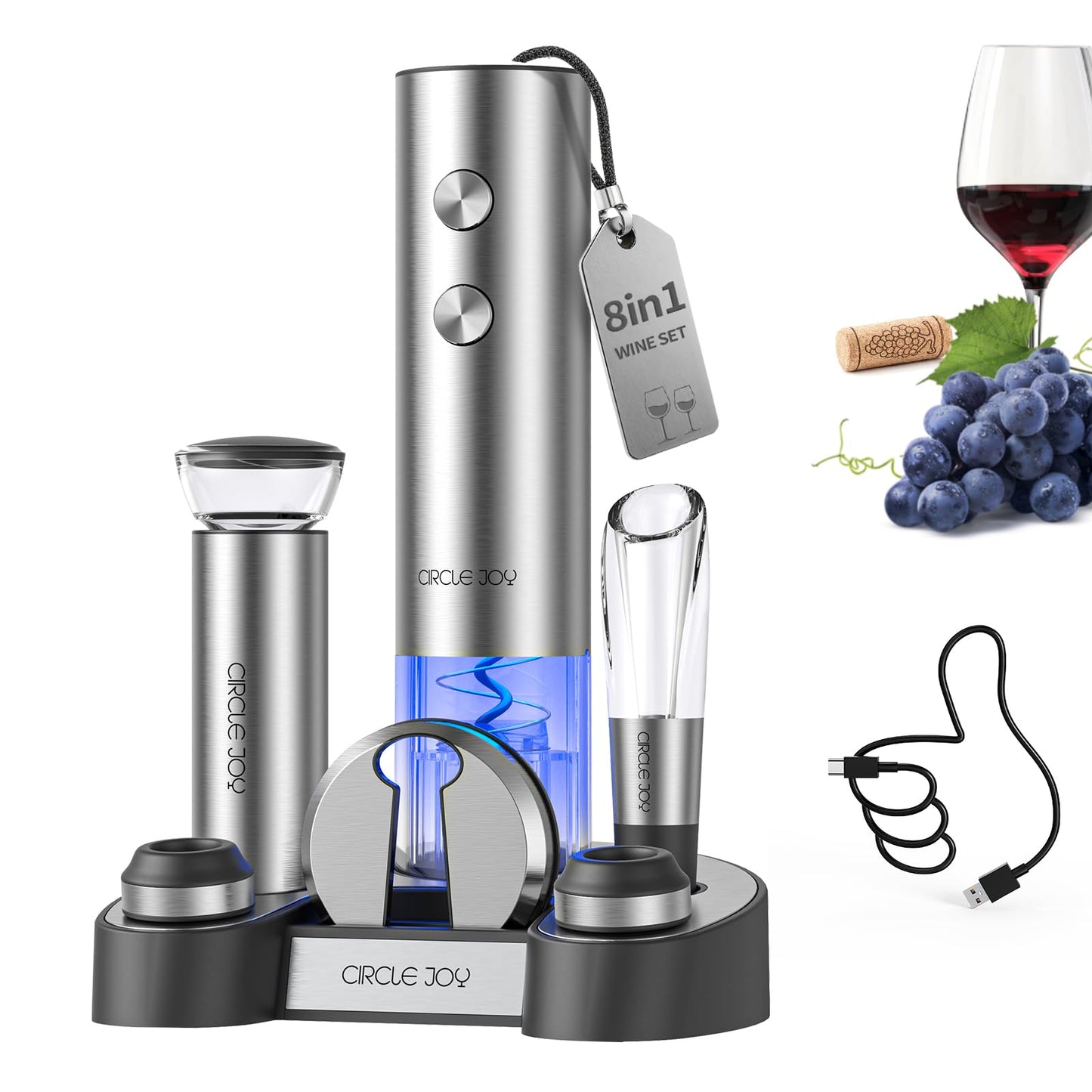 CIRCLE JOY Electric Wine Opener Rechargeable 5-in-1 Stainless Steel Wine Gift Set with Foil Cutter, Wine Aerator Pourer, Wine Drip Ring & Vacuum Stopper, Ideal Gifts for Wine Lovers, Silver