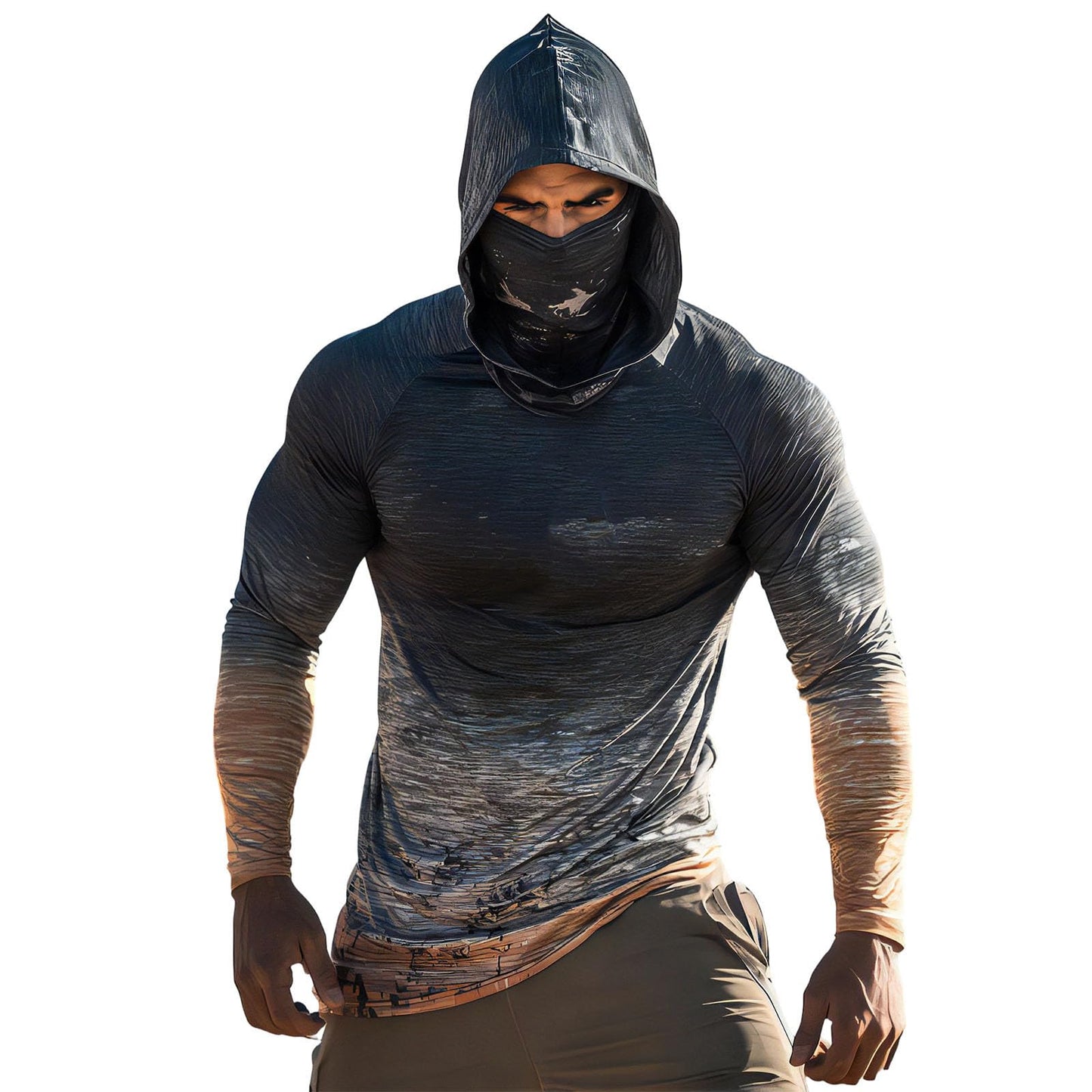 Sun Protection Shirts for Men UPF 100+ Long Sleeve Hoodie with Mask Shirts | Camouflage Outdoor Fishing Tees Cooling Raglan Shirts