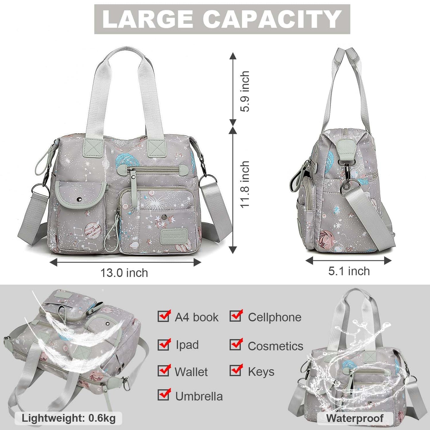 Tote Bag for Women,Multi Pockets Shoulder Handbag,Nurse Bag for Work,Large Cross body Purse,Fashion Nylon Top Handle Satchel