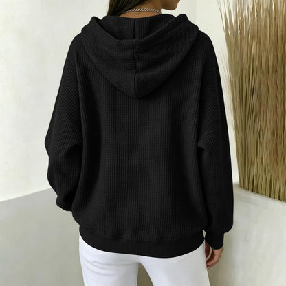 Women Casual Waffle Grid Textured Pullover Hoodie Contrast Drawstring Pocket Loose Long Sleeve Sweatshirts