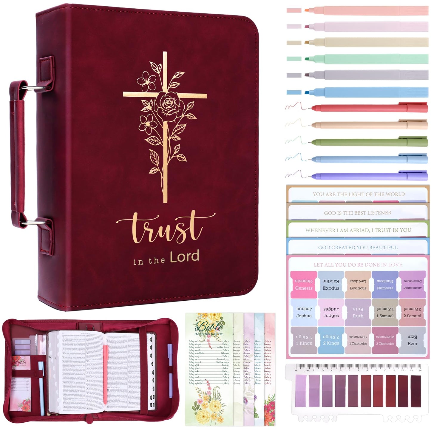 XKDOUS 20 Pcs Bible Case Set with Tabs, Pens, Study Supplies Carrier Holder Portable Men's Bible Bag Church Book Leather Cover Father Day Christian Gift for Dad, Mom, Men, Women