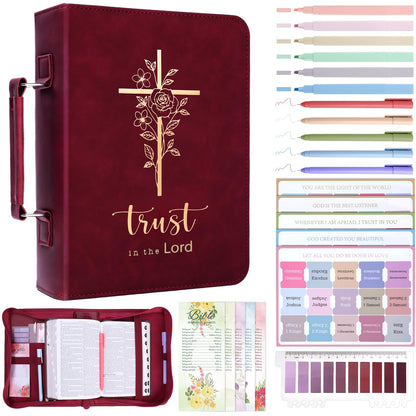 XKDOUS 20 Pcs Bible Case Set with Tabs, Pens, Study Supplies Carrier Holder Portable Men's Bible Bag Church Book Leather Cover Father Day Christian Gift for Dad, Mom, Men, Women