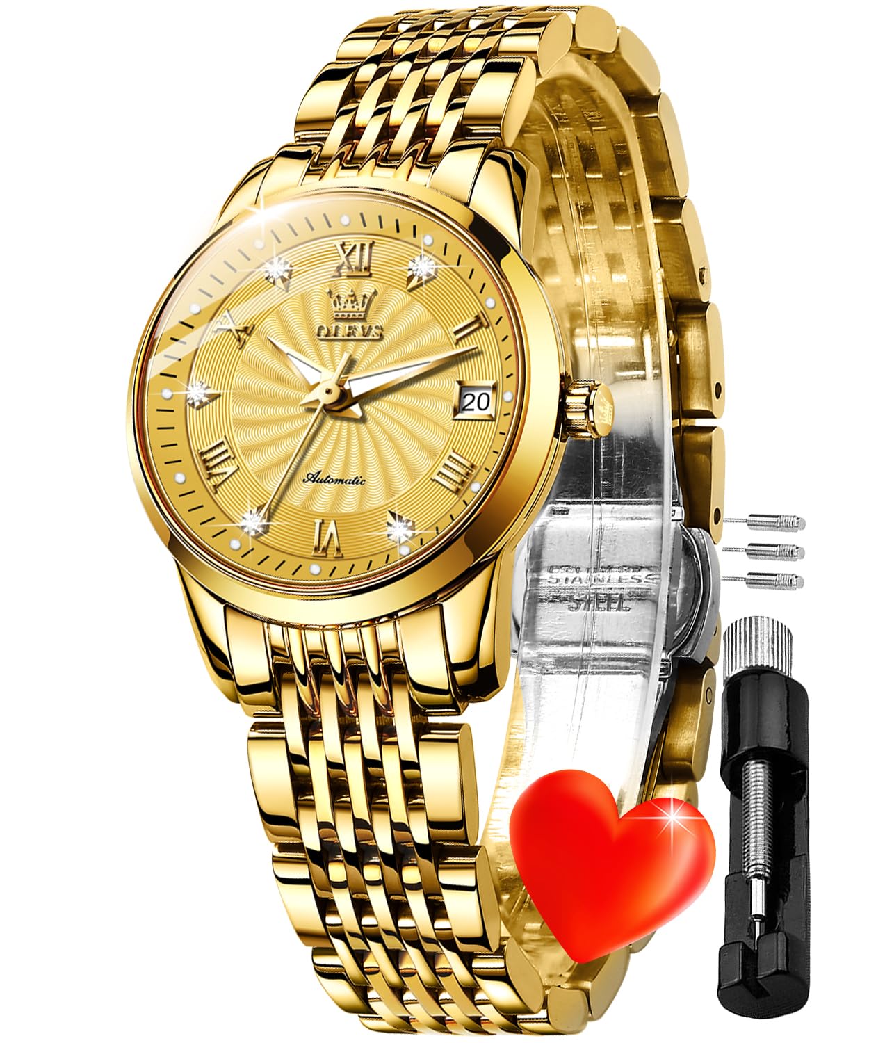 OLEVS Womens Automatic Watches Gold Classic Diamond Ladies Self Winding Mechanical Two Tone Stainless Steel Wrist Watch Date
