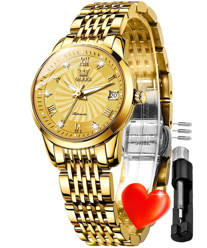 OLEVS Womens Automatic Watches Gold Classic Diamond Ladies Self Winding Mechanical Two Tone Stainless Steel Wrist Watch Date
