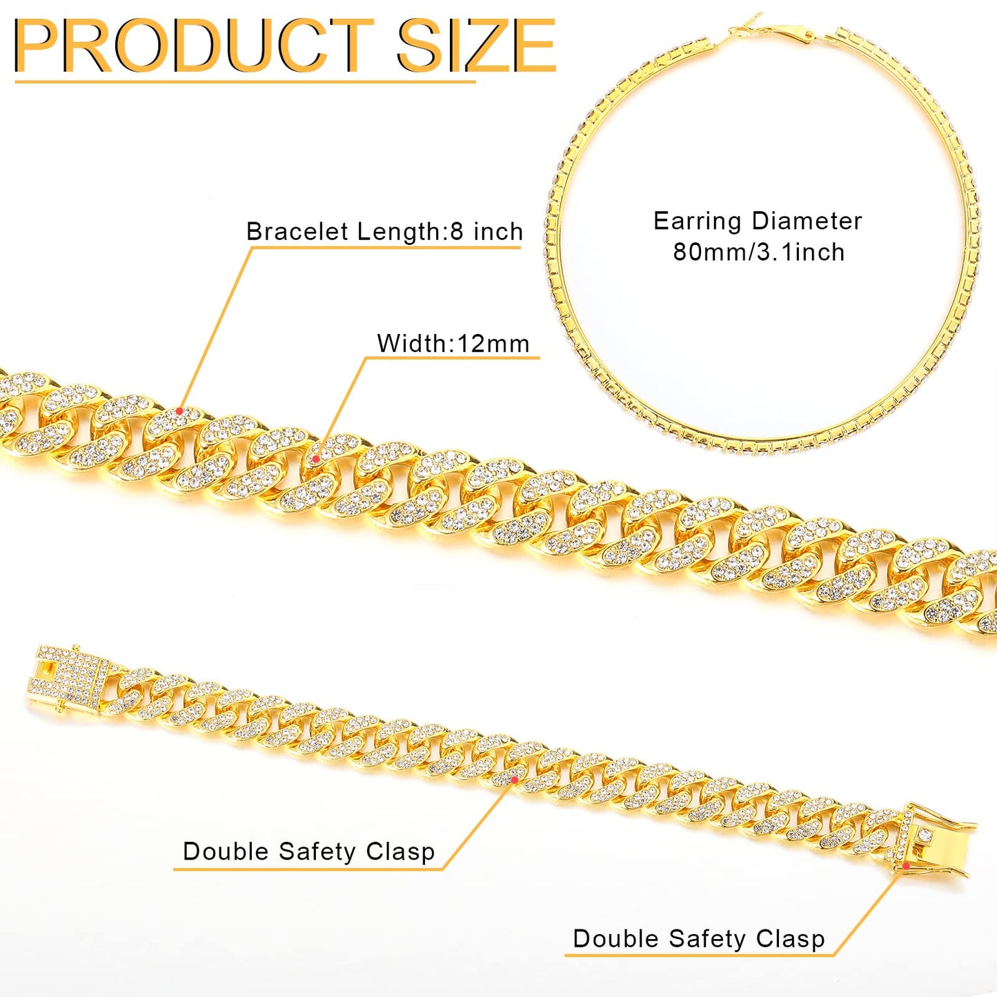 Batiyeer 3 Pcs Cuban Link Chain Necklace Bracelet Rhinestone Hoop Earrings Bling Crystal Hip Hop Jewelry for Women(18 Inch,Gold)