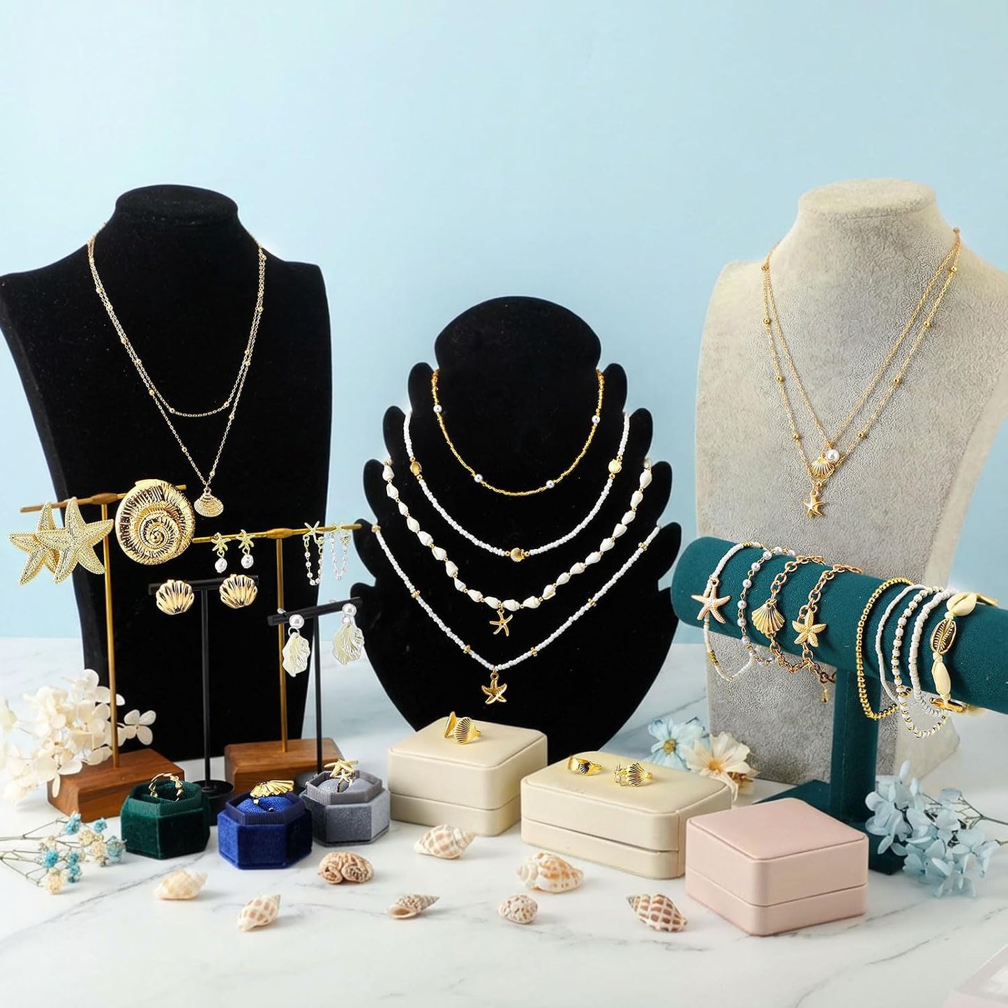 Tondiamo 23 Pcs Seashell Starfish Jewelry Set Boho Summer Beach Mermaid Accessories Layered Charm Necklace Earrings Studs Bracelets Rings for Women Holiday Vacation Wedding Party Gift