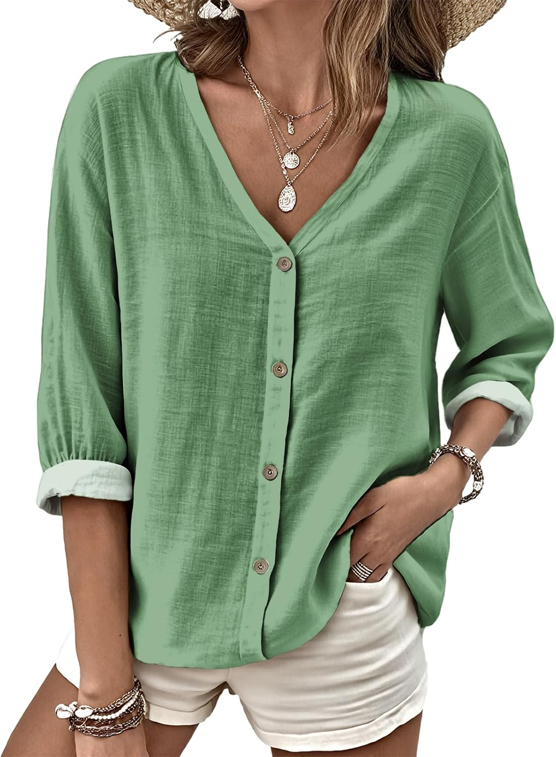 MARSVOVO V Neck Shirts for Women Lightweight Decorative Button 3/4 Sleeve Blouses Comfy Casual Business Flowy Top