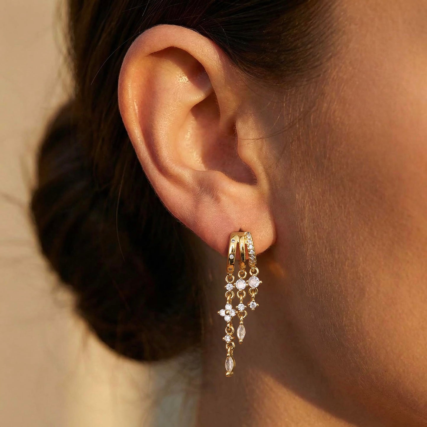 Gold Dangle Earrings for Women,Dainty 14K Gold Plated Triple Huggie Hoop Earrings Cute Statement Drop Earrings for Women Trendy Hypoallergenic CZ Gold Earrings Non Tarnish Wedding Prom Jewelry