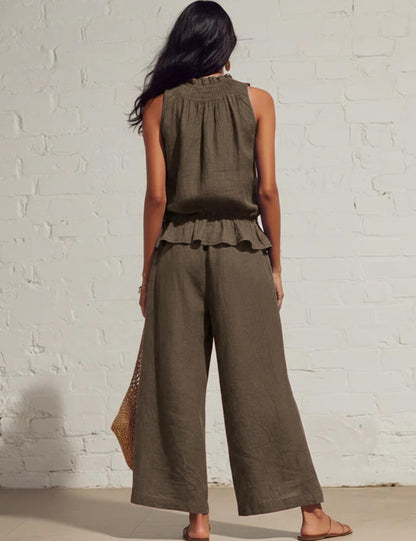Tanming Women's Linen 2 Piece Outfits Sleeveless Ruffle Top Wide Leg Pants Summer Loungewear Beach Travel Sets