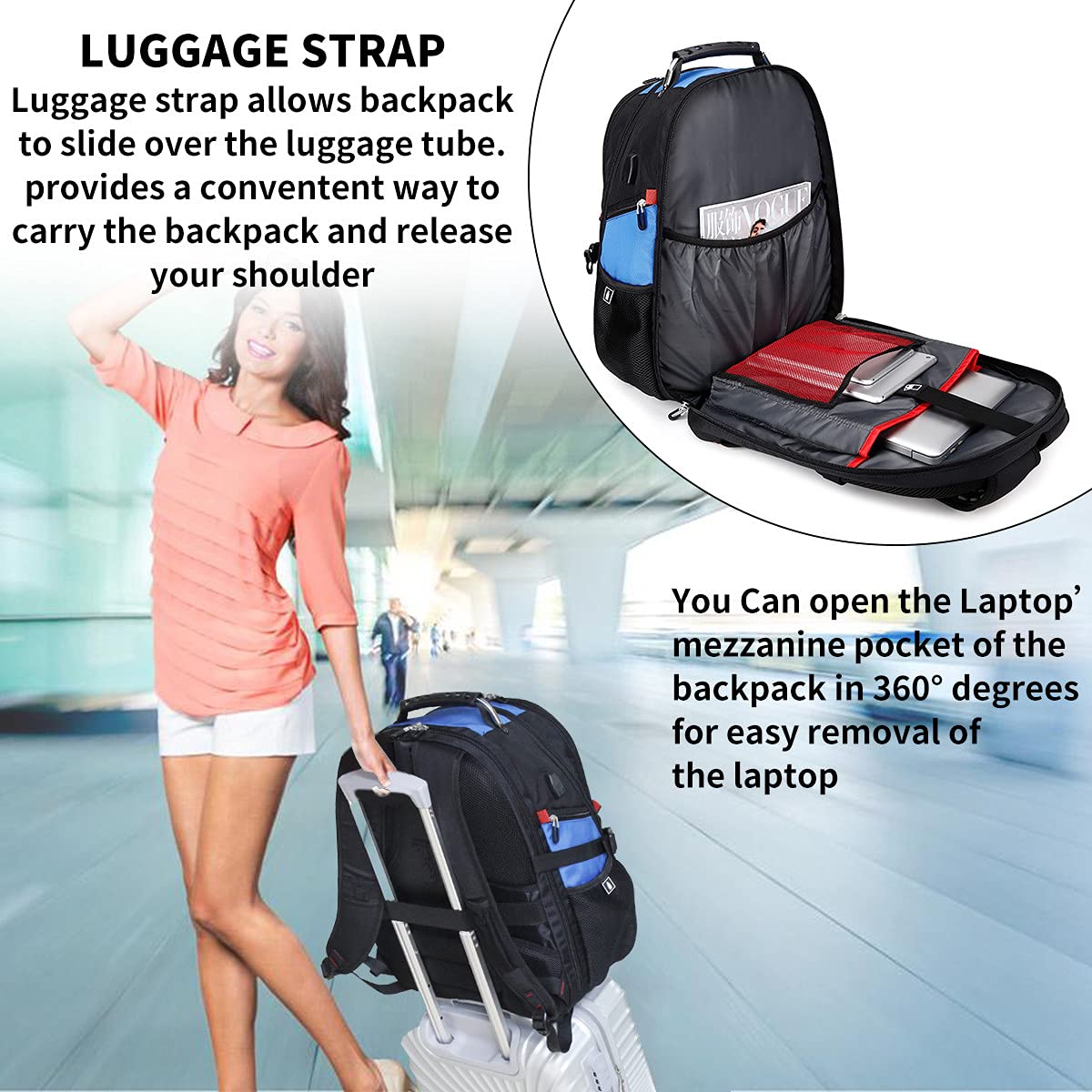 SHRRADOO Extra Large 50L Travel Laptop Backpack with combination lock,High School College Backpack Airline Approved Business Work Bag Fit 17 Inch Laptops for Men Women,Black