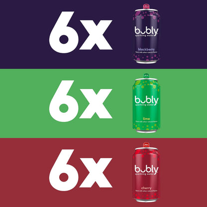 bubly Sparkling Water, 6 Flavor Variety Pack (Blackberry, Lime, Cherry, Grapefruit, Strawberry, Mango), Zero Sugar & Zero Calories, Seltzer Water, 12 Fl Oz Cans (Pack of 18)