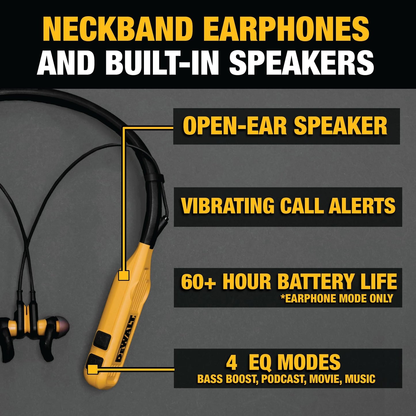DEWALT Heavy Duty Black Edition 2-in-1 Neckband Bluetooth Headphones w/Built-in Speakers, Jobsite Wearable Speaker & Around Neck, Wireless Headset, 60+ Hrs Hands-Free Music & Calls, Carry Pouch