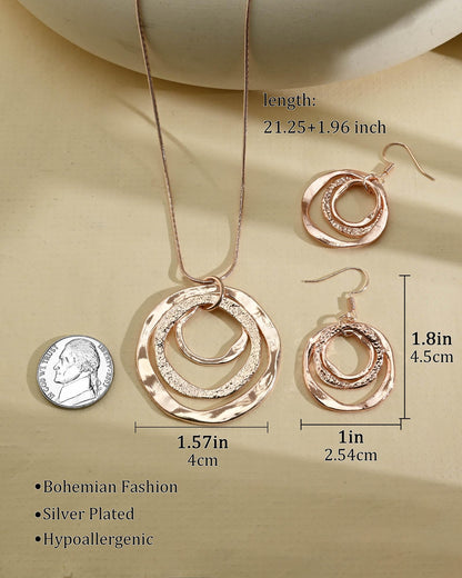 Hypoallergenic Silver Circle & Dangle Earrings and Necklace Set for Women Geometric Boho Style Hoop Jewelry for Women-Lightweight & Dangling-Gift for Bohemian Fashionistas