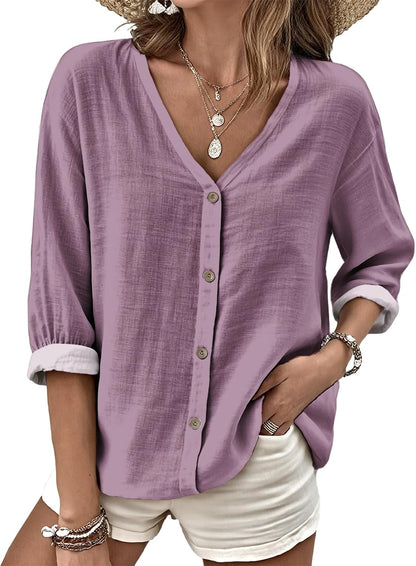 MARSVOVO V Neck Shirts for Women Lightweight Decorative Button 3/4 Sleeve Blouses Comfy Casual Business Flowy Top