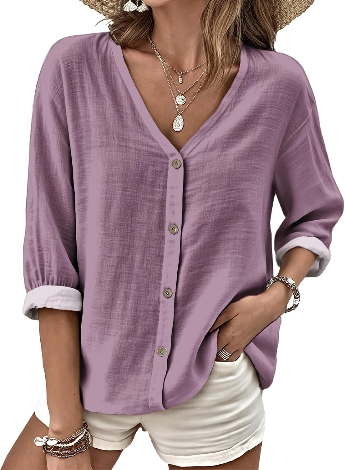 MARSVOVO V Neck Shirts for Women Lightweight Decorative Button 3/4 Sleeve Blouses Comfy Casual Business Flowy Top