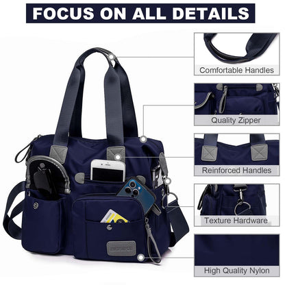Tote Bag for Women,Multi Pockets Shoulder Handbag,Nurse Bag for Work,Large Cross body Purse,Fashion Nylon Top Handle Satchel
