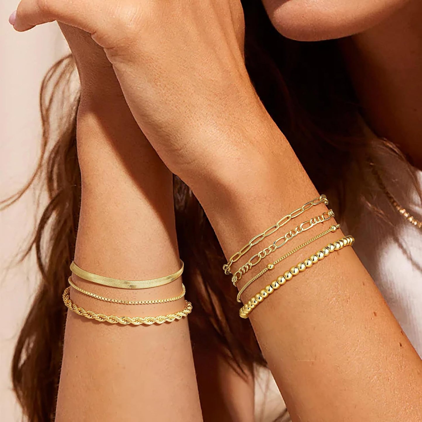 M MOOHAM 7PCS Gold Bracelets for Women, 14K Gold Plated Beaded Bracelet Set | Rope Paperclip Chain Stackable Bracelet, Non Tarnish Bracelet Stack, Friendship Birthday Jewelry, Gifts for Women Teen Girls