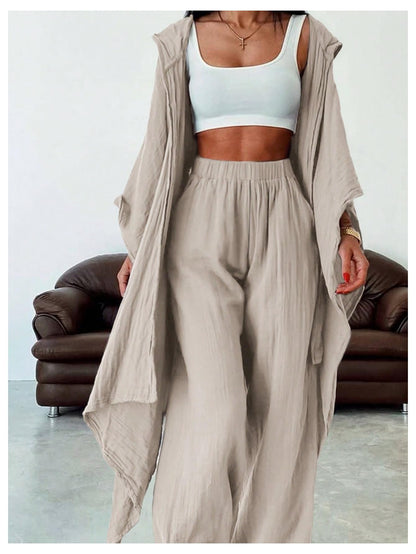 SOLY HUX Women's 2 Piece Linen Sets Hooded Kimono Cardigan High Waist Pants | Boho, Wide Leg, Elastic Waisted, Casual, Flowy, 2 Piece Outfits