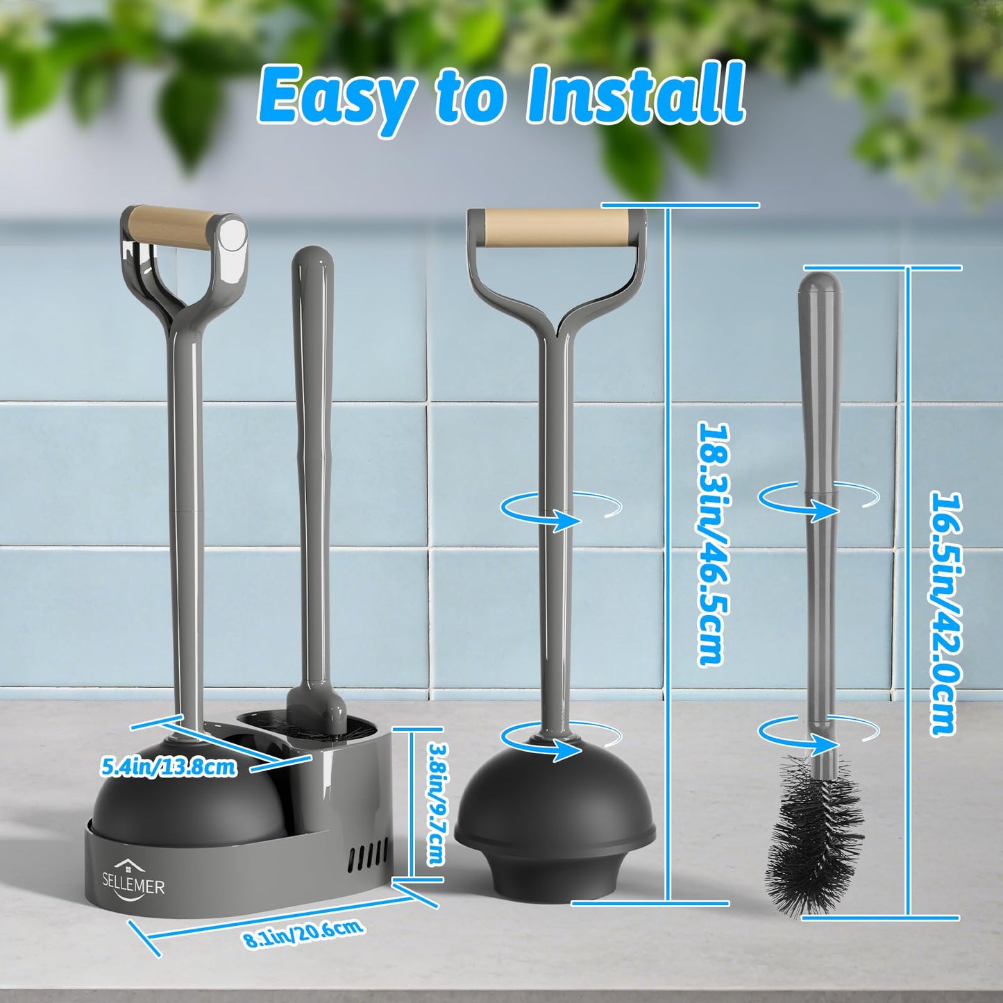 Sellemer Toilet Brush and Plunger Set, Curved Design Head for Deep Cleaning, Heavy Duty Toilet Bowl Brush and Plunger Combo with Holder for Bathroom Cleaning, Black, 2 Pack