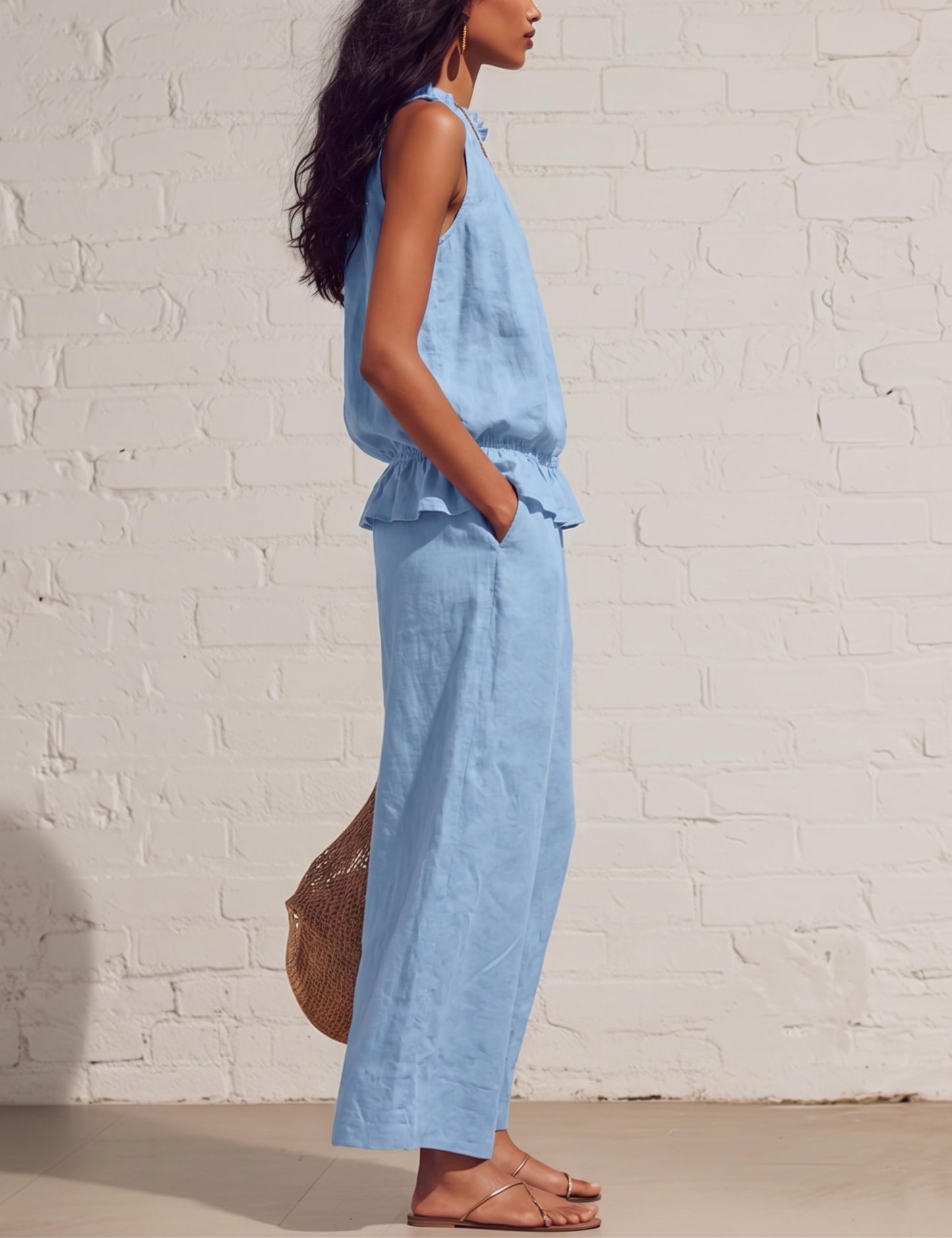 Tanming Women's Linen 2 Piece Outfits Sleeveless Ruffle Top Wide Leg Pants Summer Loungewear Beach Travel Sets