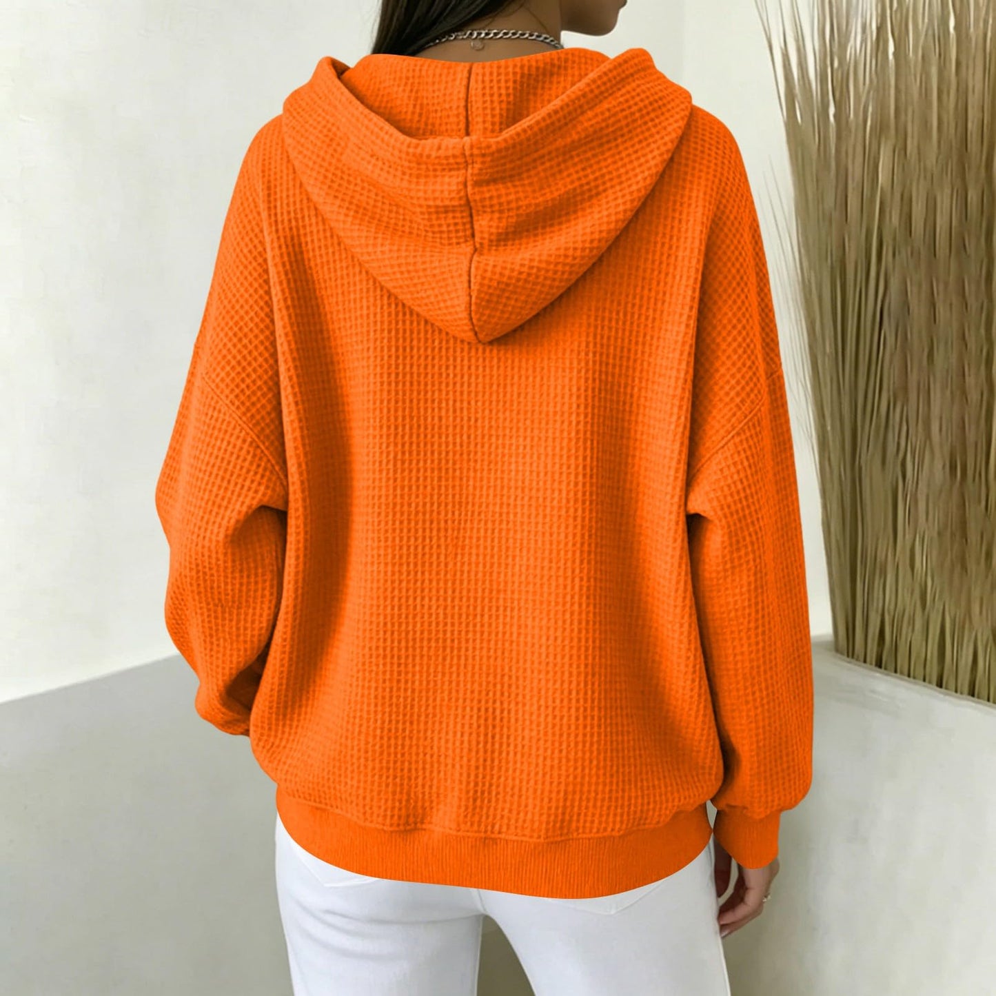 Women Casual Waffle Grid Textured Pullover Hoodie Contrast Drawstring Pocket Loose Long Sleeve Sweatshirts
