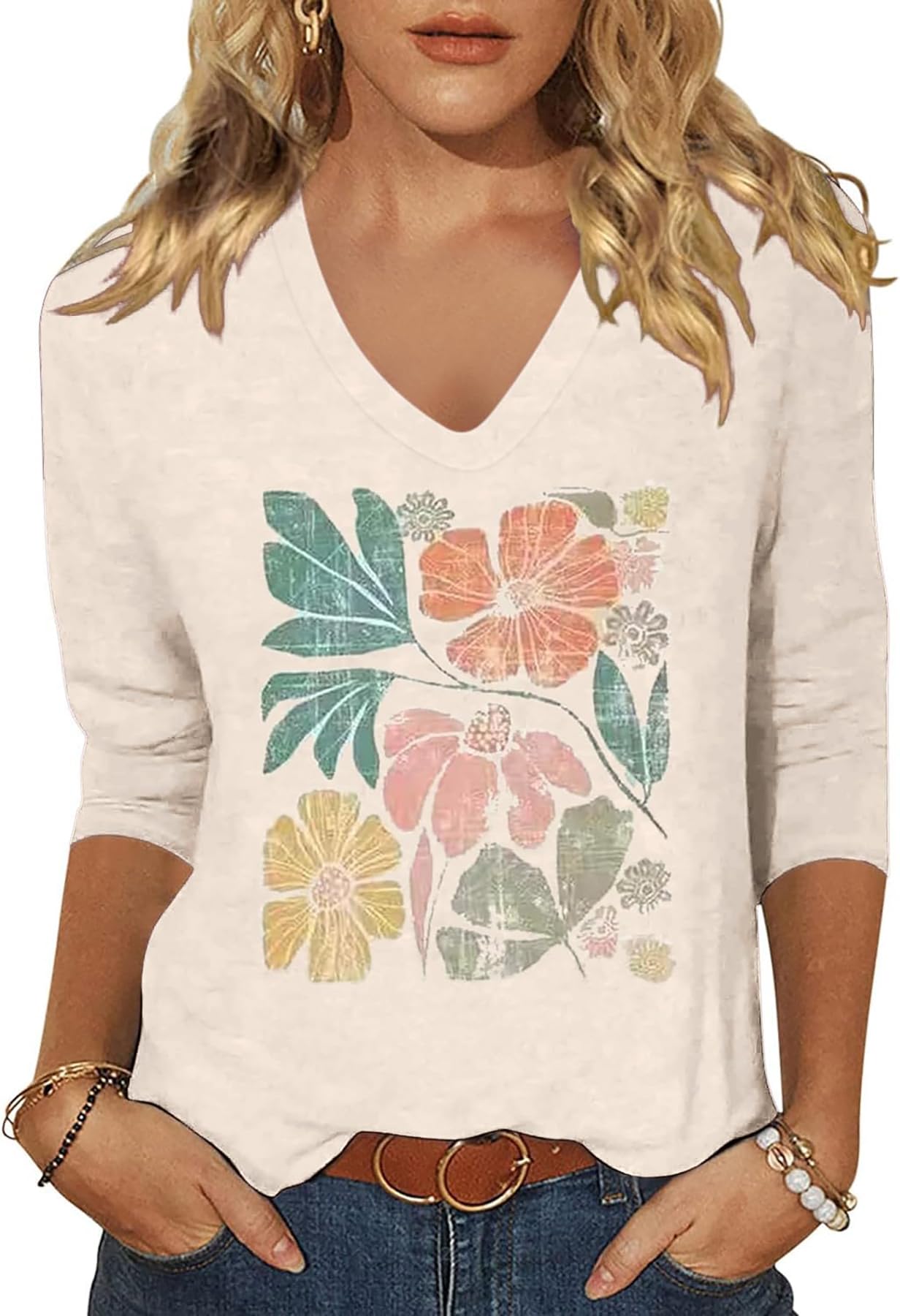 Womens V Neck Flowers Shirts Boho Floral Printed T-Shirt Vintage Graphic Tee Summer Casual Cute 3/4 Sleeve Tops