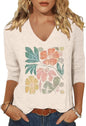 Womens V Neck Flowers Shirts Boho Floral Printed T-Shirt Vintage Graphic Tee Summer Casual Cute 3/4 Sleeve Tops