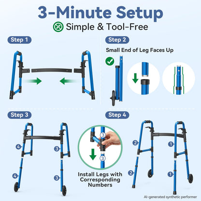 Loyoda Folding Walker with 2 Skis and 5" Wheels, Lightweight Walkers for Seniors and Adults, Supports Up to 350 Pounds, Adjustable Height, Compact Standard Walker, Black