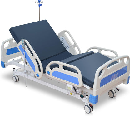 Careboda Premium 5 Function Full Electric Hospital Bed, Hospital Bed with PU Advanced Mattress, Quiet Wheels & IV Pole, ICU Electric Medical Bed with Core Motor, 85" x 41", 530lbs, Hospital & Home Use