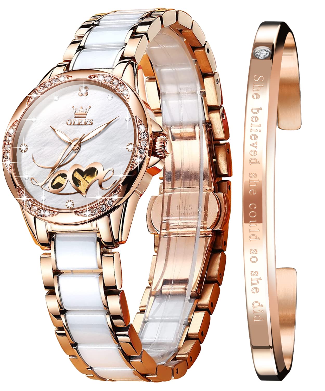 OLEVS Automatic Watches for Women Rose Gold Fashion Diamond Dress Ladies Wrist Watch Self Winding Mechanical Two Tone Ceramic Band Waterproof