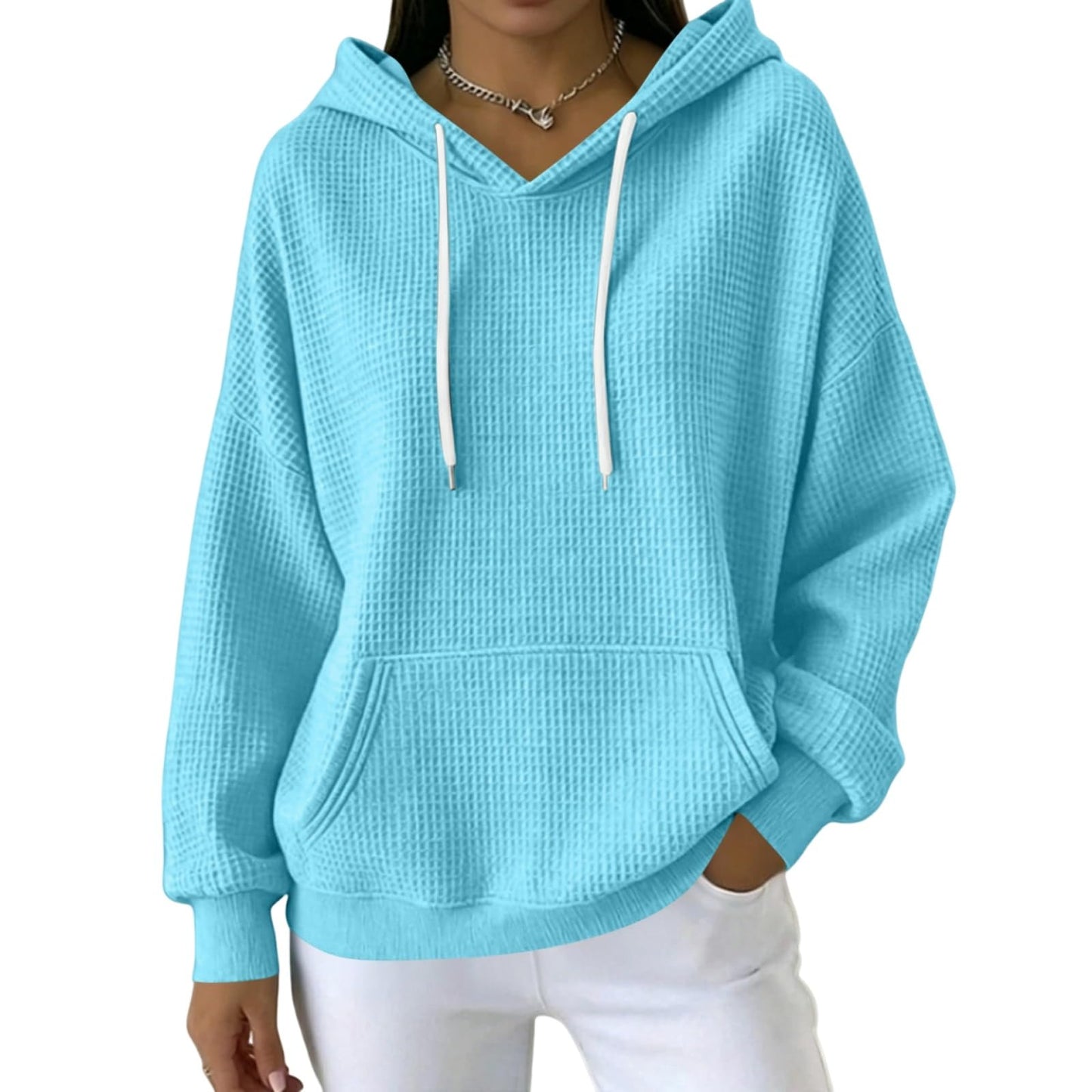 Women Casual Waffle Grid Textured Pullover Hoodie Contrast Drawstring Pocket Loose Long Sleeve Sweatshirts