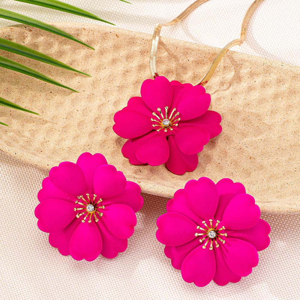 Vintage Flower Necklace Earring Set Gold Snake Chain Necklace Bohemian Red Flowers Choker Necklaces Hypoallergenic Statement Flower Stud Earrings Elegant Bridal Wedding Summer Beach Jewelry