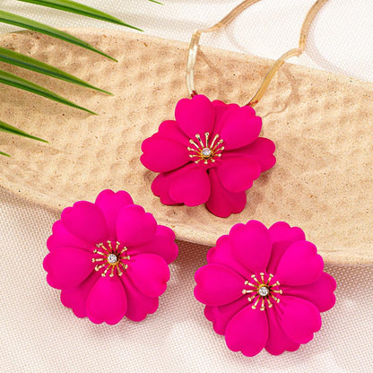 Vintage Flower Necklace Earring Set Gold Snake Chain Necklace Bohemian Red Flowers Choker Necklaces Hypoallergenic Statement Flower Stud Earrings Elegant Bridal Wedding Summer Beach Jewelry