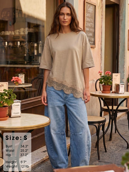EXLURA Womens Summer Oversized Lace Trim T Shirts 2026 Casual Half Sleeve Asymmetrical Hem Tops Loose Crewneck Tunic Blouse