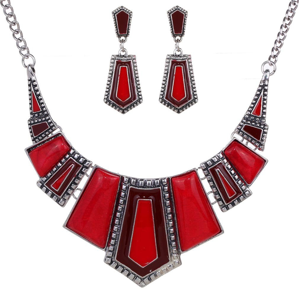 YAZILIND Vintage Ethnic Tibetan Silver Irregular Rhinestone Bib Collar Earrings Necklace Jewelry Set