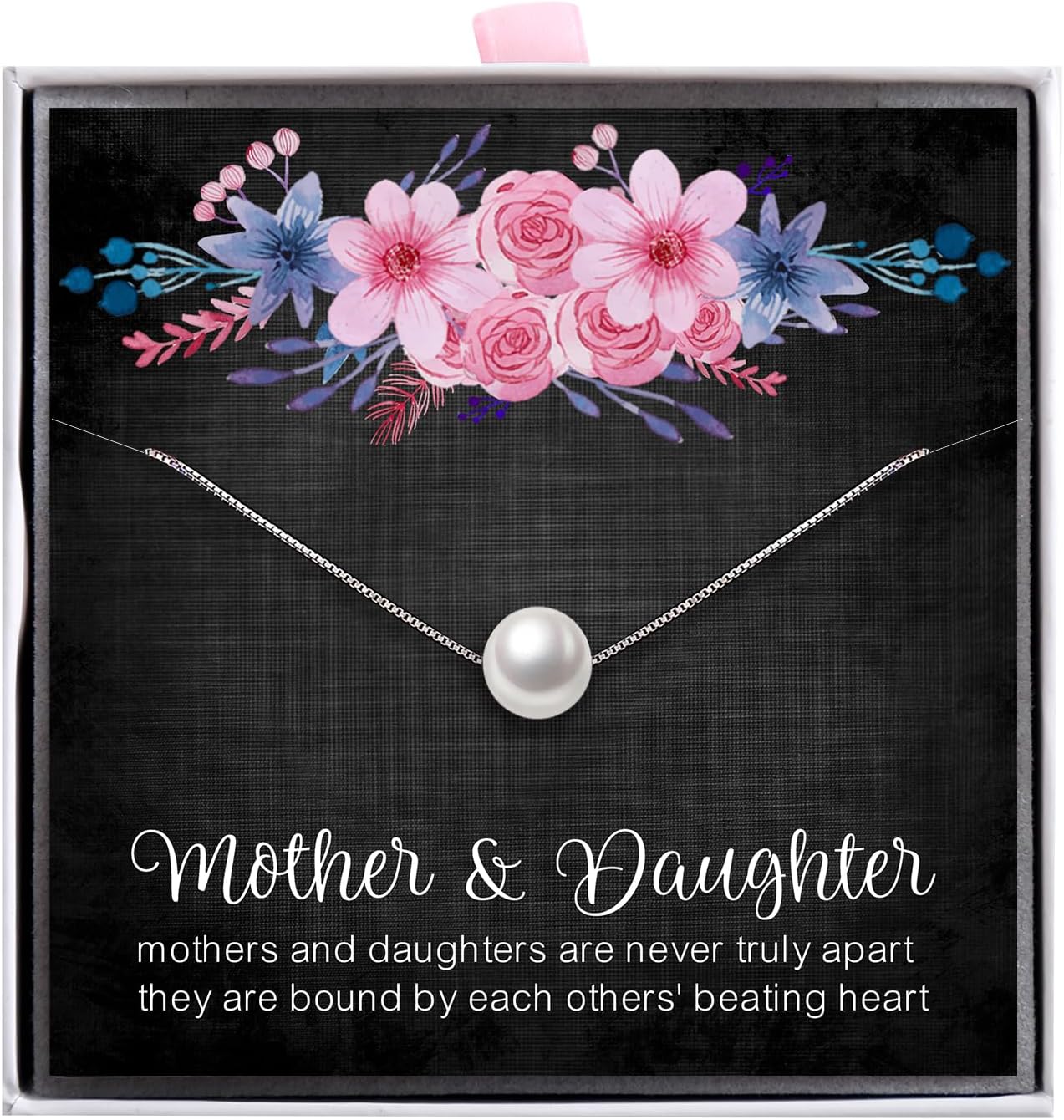 Mother Daughter Pearl Necklace for Women 925 Sterling Silver Box Chain 8mm White Pearl Pendant Necklace Birthday Christmas Gift for Mom