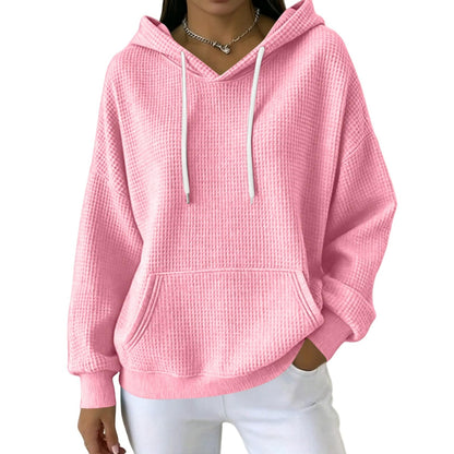 Women Casual Waffle Grid Textured Pullover Hoodie Contrast Drawstring Pocket Loose Long Sleeve Sweatshirts