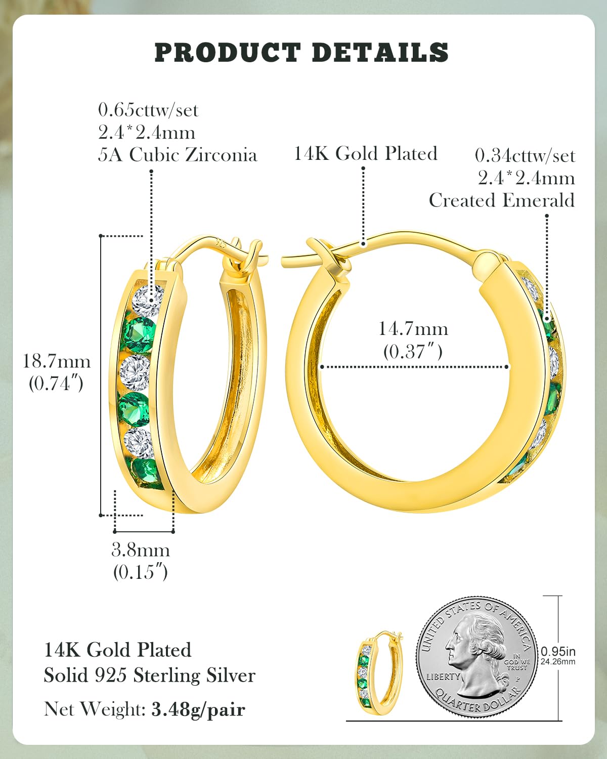 14K Gold Plated/925 Sterling Silver Birthstone Hoop Earrings for Women | 18mm Created Gemstone Hoops,Hypoallergenic and Lightweight,Birthday Mother's Day Jewelry(with Gift Box)