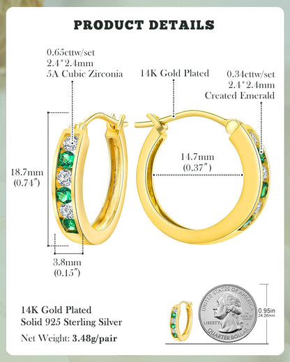 14K Gold Plated/925 Sterling Silver Birthstone Hoop Earrings for Women | 18mm Created Gemstone Hoops,Hypoallergenic and Lightweight,Birthday Mother's Day Jewelry(with Gift Box)