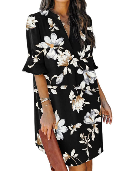 QACOHU Womens Summer Casual V Neck Shift Mini Dress | Flowy Swing Basic Loose Dresses, Ruffle Short Sleeve, Straight, Floral Boho Style, Wedding Guest Beach Vacation Outfits